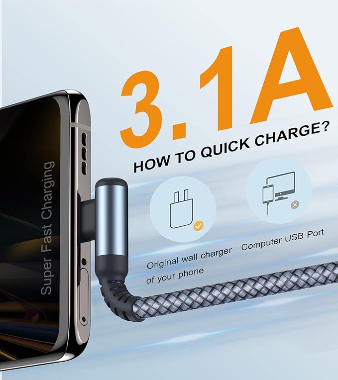 sweguard USB C Cable Right Angle [3Pack, 6.6FT+3.3FT+3.3FT], USB Type C iPhone 16 Charger Cable Nylon Braided Cord for iPhone 15 16 Pro Max Plus, Samsung Galaxy S25 S24 S23 S22 S21 S10 Note 20 10,Moto