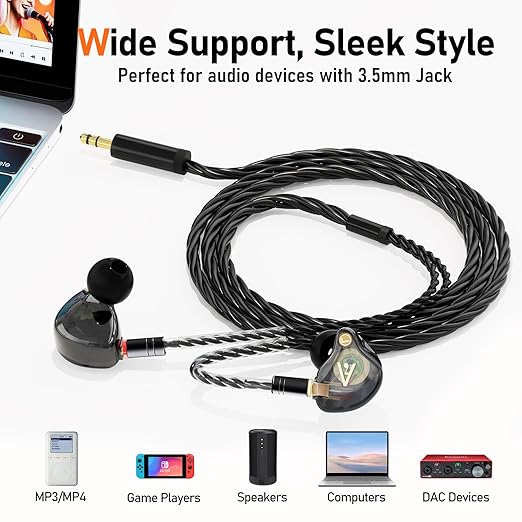 Premium HiFi IEM Cable - Silver-Plated 3.5mm to MMCX Cord, Lossless-Sound in-Ear Monitor Cables for Vibes 201/202, Shure SE215/315/425/535/846-Black (HC001)