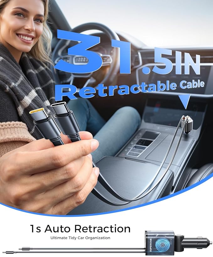 SUPERONE 6 in 1 Retractable Car Charger with Dual Type C Cables, 99W Ultra-Compact USB C Car Accessories Adapter with 4 USB Ports, Fast Charging Car Charger for iPhone 16/15/14/13/12, Galaxy, iPad
