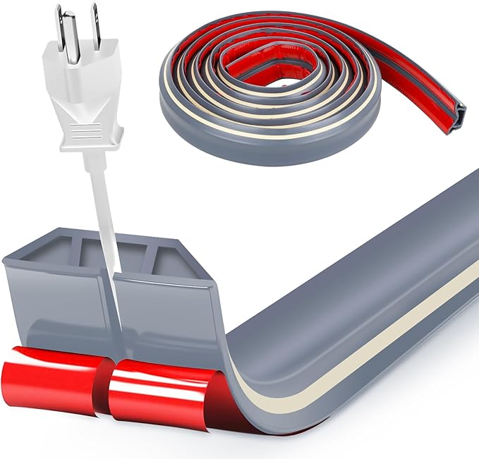 10ft Large Grey Floor Cord Cover, Self-2" (W) x 0.6"(H), Cable Cavity:0.8"(W) x 0.4"(H), Adhesive Power Cable Protector, Silicone Cord Protector, Cord Management, Cord Concealer and Cable Hider