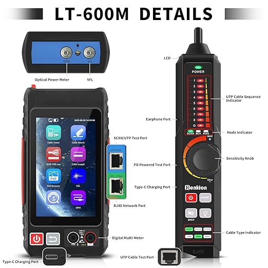 Multifunction RJ45 Network Caber Tester, UTP Cable Tester Ethernet Cable Tracer, 4" IPS Touch Screen Support Network Tools, Digital Multi-Meter, VFL,OPM, POE++ Detect,RJ45 TDR, Cable Length,NCV
