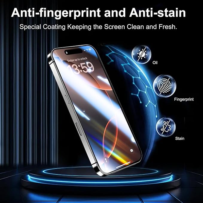 OneFish Privacy Screen Protector for iPhone 15 Pro Max, Full Edge Coverage 6.7" 15 Pro Max, Bubble Free, Easy Installation, Auto Dust-Elimination, 2 Pack