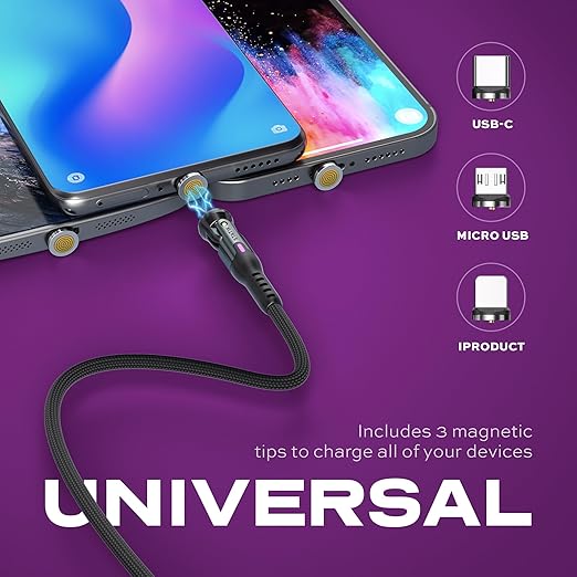Statik 360 Pro Magnetic Charging Cable - Type C Charger Fast Charging 3 in 1 USB C to USB C Cable, Micro USB & iProduct Tips, USB A Adapter, Fits All Devices - 100W Fast Charger, Black 3FT/1M, 3 Pack
