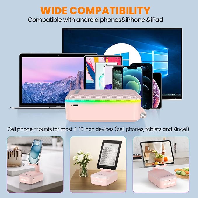 JTEMAN Gifts for Men Women,Cell Phone Stand with Bluetooth Speaker and LED Light,Cool Tech Gadgets,Unique Birthday Gifts for Men Husband Mom Dad-Pink
