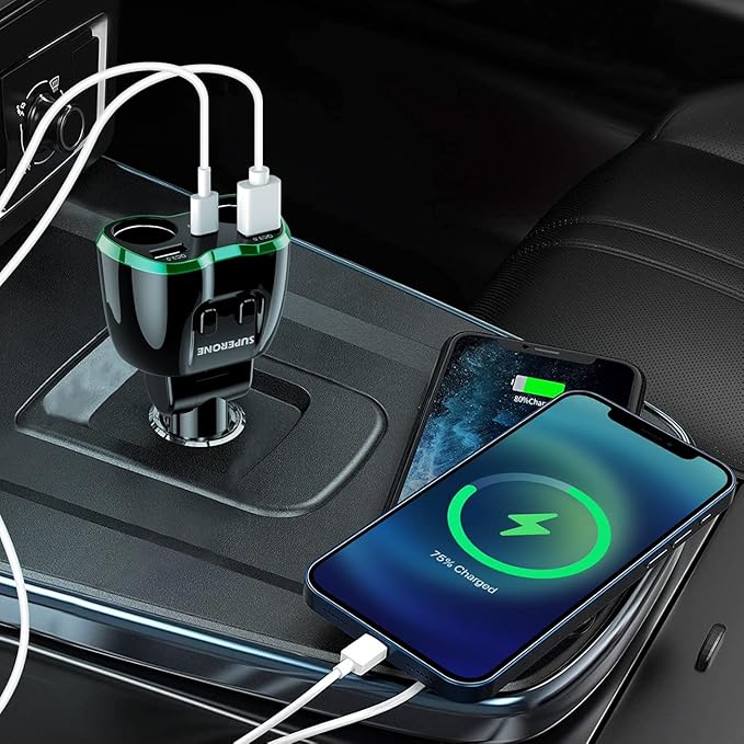 [2025 Upgraded] Cigarette Lighter Splitter, SUPERONE 180W 2-Socket Cigarette Lighter Adapter with Dual QC3.0 and 20W PD USB C Car Charger Splitter for GPS/Dash Cam/Laptop/iPad/iPhone 16/15/14/13/12/11
