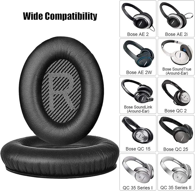Replacement Earpads Cushions for Bose QuietComfort 35 ii/QC35/QC25/QC2/QC15/Ae2/Ae2i/Ae2w, Thickened Soundproof Sponge, Ear Pads with Softer Leather Ear Pads for Bose(Black)