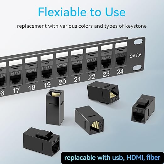 Patch Panel 24 Port Cat6 with Coupler Keystone, Cat6 Network Patch Panel 10G No Punch Down, Time-Saver Ethernet 1U Rj45 Panel with Sturdy Back Bar, 19 Inch Coupler Network Panel