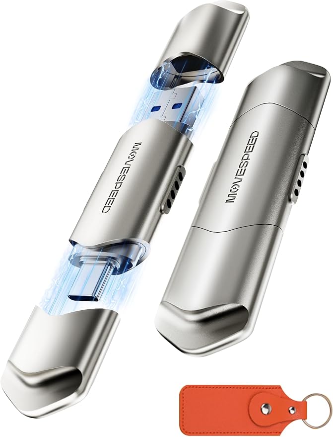 MOVE SPEED USB Drive 2TB External SSD 1000MB/s USB 3.2 Gen2+USB C Dual Ports Portable Zinc Alloy Thumb Drive Stick, External Drive with Metal Casing for iPhone 15/16/17 Series/Mac/Android Phone