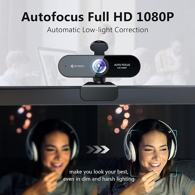 1080P Webcam with Microphone, eMeet Nova AutoFocus HD Webcam, 96°View Web Camera w/ 2 De-Noise Mics for Laptop/Desktop, Plug & Play USB Streaming Computer Camera for Conference/Calling/Teaching/Gaming