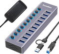 Powered 10-Port USB 3.0 Hub, USB C to 10 Ports USB Data Hub Splitter with Individual LED On/Off Switche, 3.3FT Cable, 12V/3A Power Adapter, for Laptop MacBook Pro/Air PC (Aluminum Gary)
