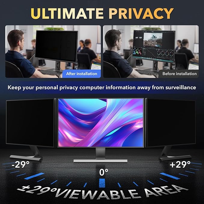 Magnetic 2 Pack Invisible Hidden Design Computer Privacy Screen Filter 24 Inch for Frameless Monitor 16:9 Aspect Ratio, Removable Anti Glare Blue Light Protector, Double Sided Reversible Eye Care Film