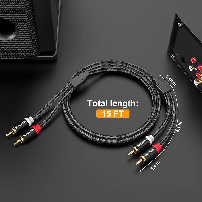 HOSONGIN RCA Cables 15ft 2 Pack[Hi-Fi Sound, Nylon Braided, Shielded], 2-Male to 2-Male RCA Audio Stereo Subwoofer Cable Auxiliary Cord for Home Theater, HDTV, Amplifiers, Hi-Fi Systems, Speakers