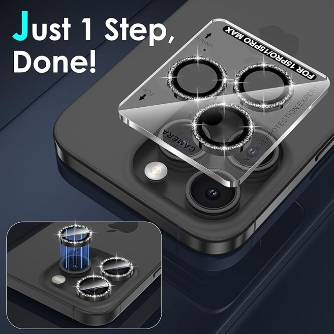 YWXTW Designed for iPhone 15 Pro/iPhone 15 Pro Max Camera Lens Protector Bling, [New Glitter Design] Individual Metal Tempered Glass Camera Cover Accessories Case Friendly (Black Titanium Glitter)