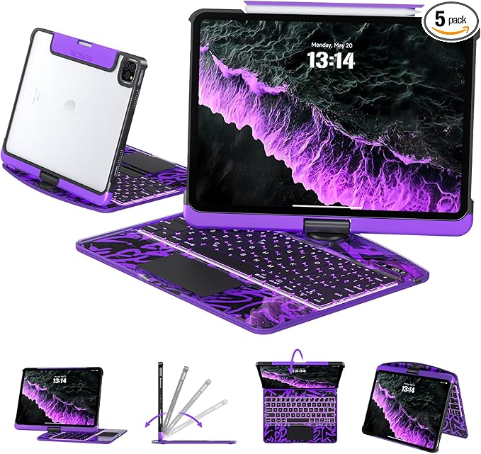Transparent Case with Keyboard for iPad Air 13 Inch (M3/M2, 2025/2024), iPad Pro 12.9 Inch (6/5/4/3 Gen),7-Color Backlit,Magic wireless Keyboard, 360°Rotating,with trackpad,Pencil Holder,Purple
