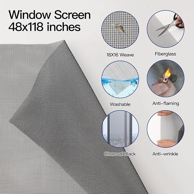 Window Screen Door Repair Kit Include Window Screens Mesh 48"x117" with All Tools in Window Screen Replacement(Screen Rollers, Splines, Hook), Yolovit