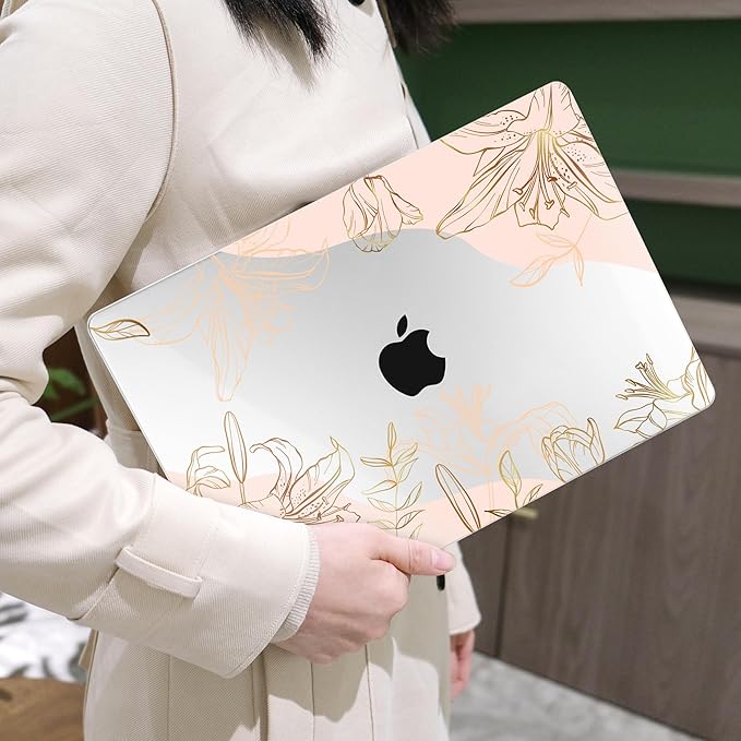 MEEgoodo Case for MacBook Pro 13 inch Case 2022 2021 2020 New A2338 M2/M1 A2251 A2289,Laptop Hard Shell Cases with Keyboard & Camera Cover Compatible with 13.3 inch MacBook Pro, Gold Flowers Lilies