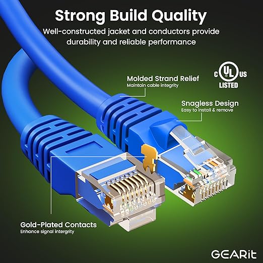 GearIT Cat 6 Ethernet Cable Pack - 10-Pack 14 ft Cat6 Ethernet Patch Cables | RJ45 Network Patch Cable, 10 Gbps Snagless Gold-Plated Connectors - Ethernet Cable Cat 6 for PC, TV, Router - Blue