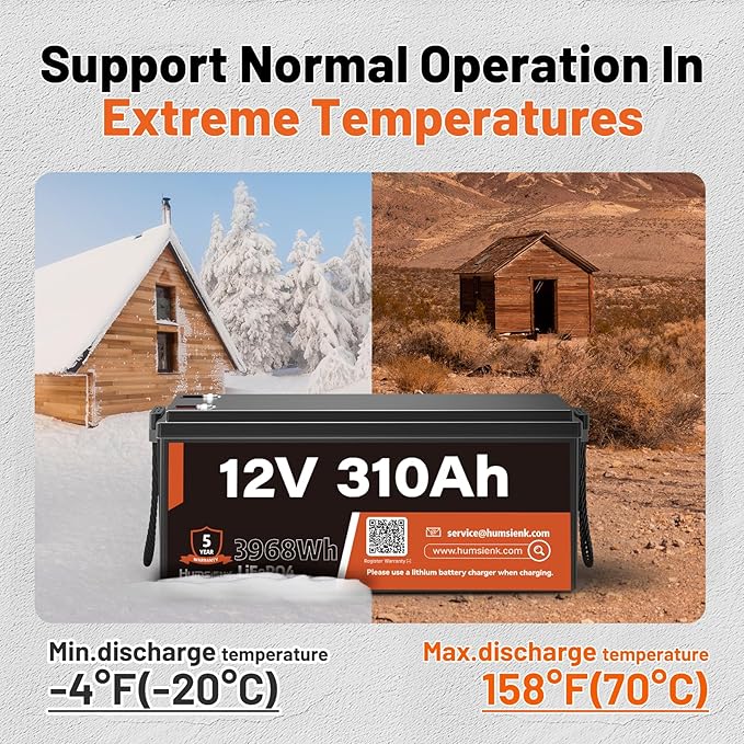 12V 310Ah LiFePO4 Lithium Battery – Max. 3968Wh, 15000+ Deep Cycle Battery with 100A BMS, Low-Temp Cutoff | A+ Grade Cells for Marine, Trolling Motor, Off-Grid Home Energy Storage, Van Life