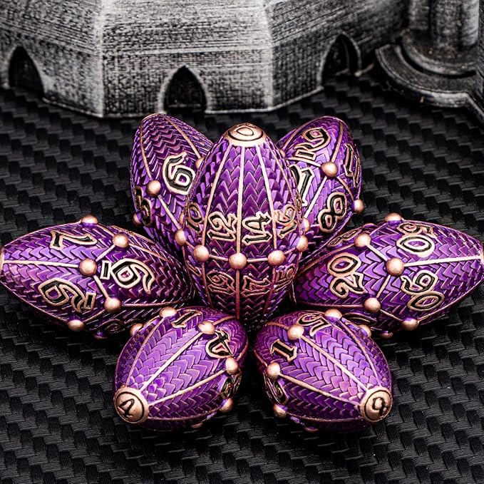 ARUOHHA DND Metal Dice Copper Purple Dragon Egg Dice with Metal Box, Role Playing Game RPG Polyhedral D and D Dice Set D20 D12 D10 D8 D6 D4
