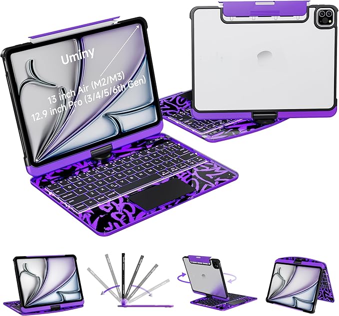 Keyboard Case for 12.9 inch iPad Pro 6/5/4/3rd Gen & 13 inch iPad Air (2025 M3, 2024 M2) Wireless Keyboard with Trackpad 7 Color Backlit, Transparent Protective Cover with Pencil Holder (Purple)