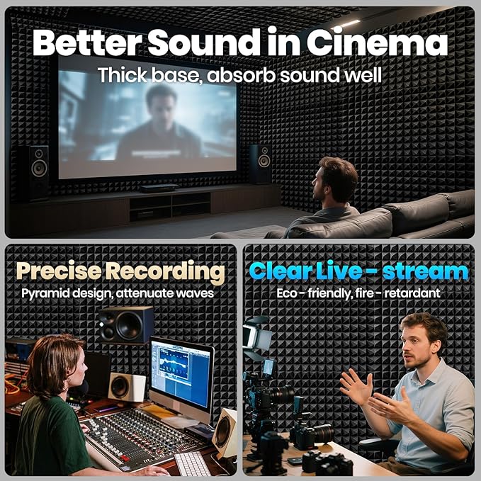 Focusound Acoustic Panels 24 Pack 2"x12"x12" with 120 PCS Double-Side Adhesive - Sound Proof Pyramid Foam for Walls, Home Studio Noise Absorption & Echo Control Kit