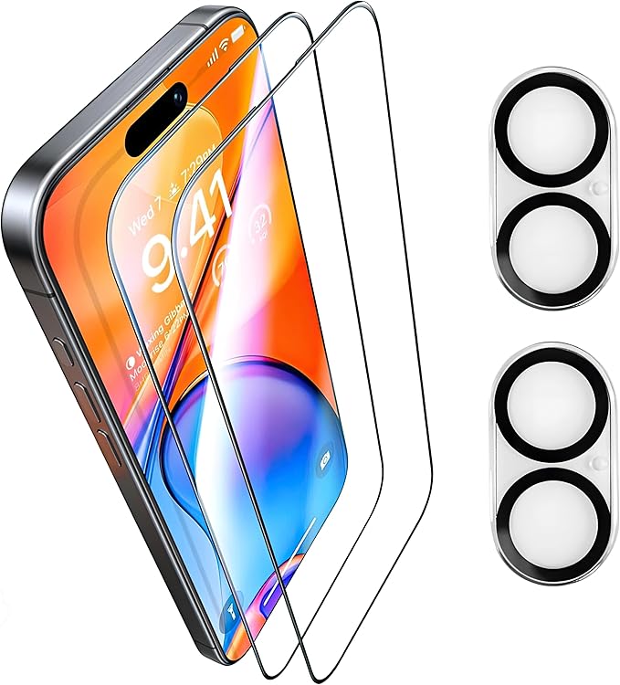2 pack Full 9H+ Military Grade Glass Screen Protector for iPhone 16 Plus + 2 pack Camera Lens Protector with easy Installation Frame Case Friendly Shatterproof Tempered Glass 9H+ Hardness HD Clear Anti-Scratch Glass Full Edge Coverage (6.7) 16 Plus