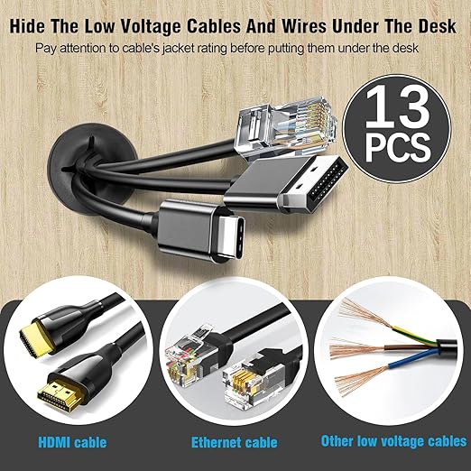 1" Black Desk Grommet, JTemgle Flexible Cable Grommet with Bi-Metal Hole Saw Cross Rubber Cable Hole Cover Wire Organizer Caps Desktop Cord Management for Home Office TV Stands Tabletops, 13 Pieces