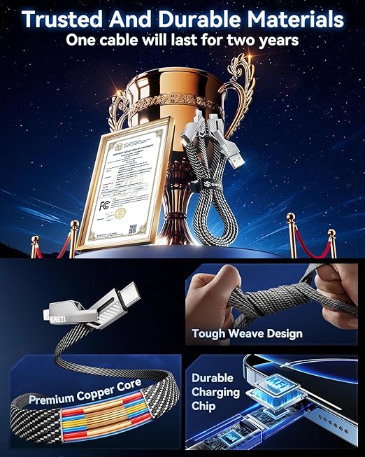 [One is Enough] 4-in-1 Compatible with USB C to Lightning Cable, 65W High-Speed Charging & Fast Data Transfer,CarPlay & Android Auto Support Multi Charger Cord Combo for iPhone/Samsung/iPad,5FT
