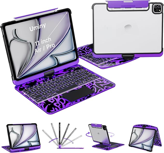 Keyboard Case for iPad 11 inch Pro 4/3/2/1st Gen & 11’’ iPad Air 2025 M3, 2024 M2 & 10.9" iPad Air 5th/4th Gen, 360° Rotating Stand Transparent Protective Cover with Pencil Holder (Purple)