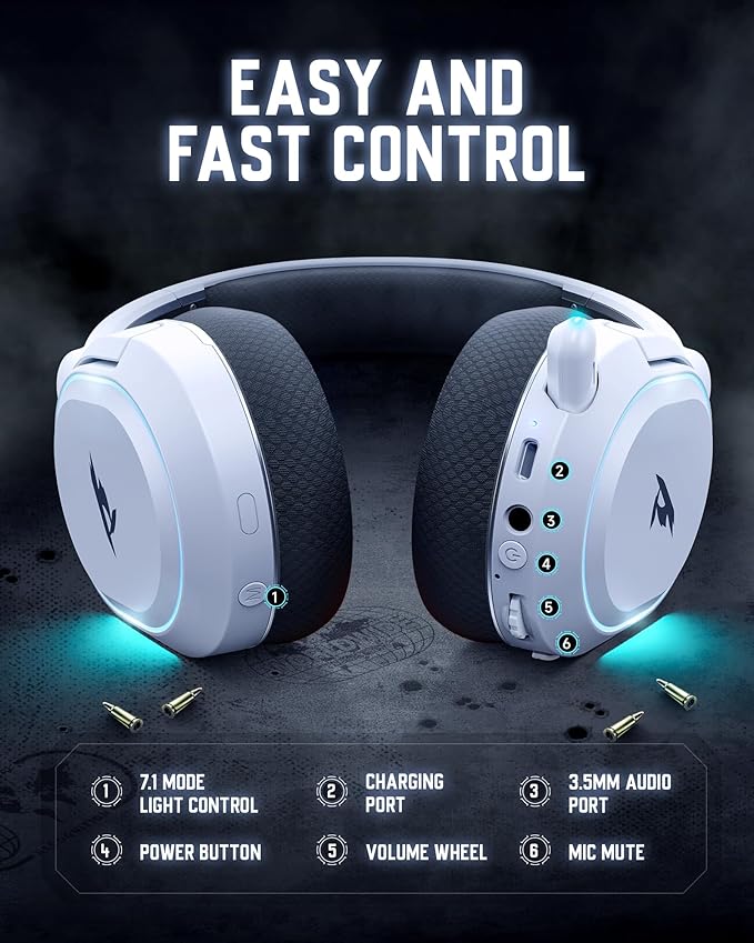 Wireless Gaming Headset, 7.1 Surround Sound, 2.4GHz USB Gaming Headphones with Bluetooth 5.4, 100H Battery, ENC Noise Canceling Mic, RGB Light, Wireless Headset for PC PS5 PS4 Mac Switch (Black-White)