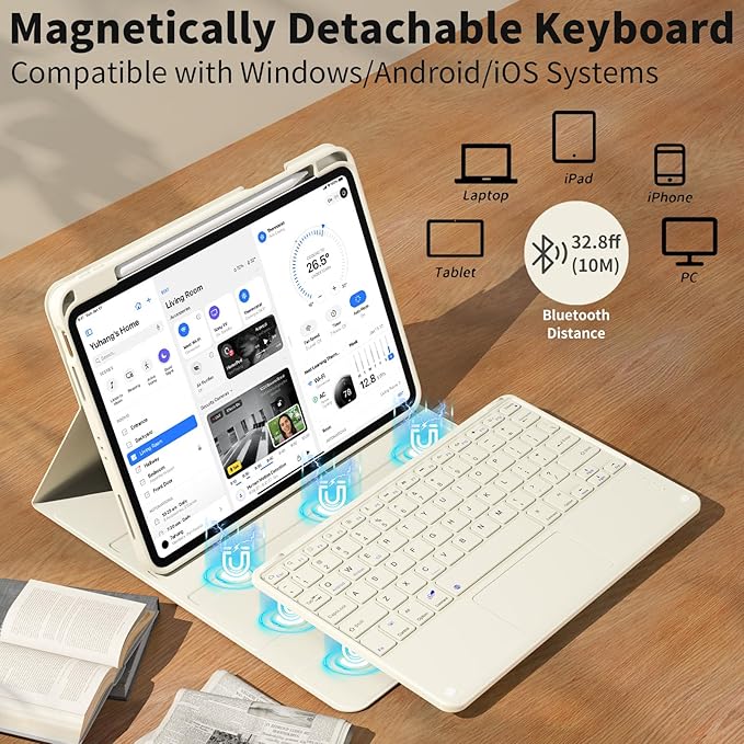 JKSML for iPad(A16) 11th/10th Generation Case with Keyboard (11/10.9 inch) 2025/2022, Wireless Detachable Bluetooth Cover with Trackpad, Flip Stand Case Thin with Pencil Holder, Cream White