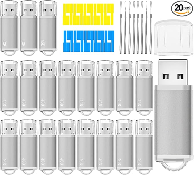 USB Thumb Drive 4GB Flash Drives 20 Pack, Nicepicten Memorias USB 2.0 Memory Stick FAT32 Flash Zip Drive 4 GB Jump Drives Multipack Pendrive with Landards and Lables (Sliver 4GB, 20 Pieces)