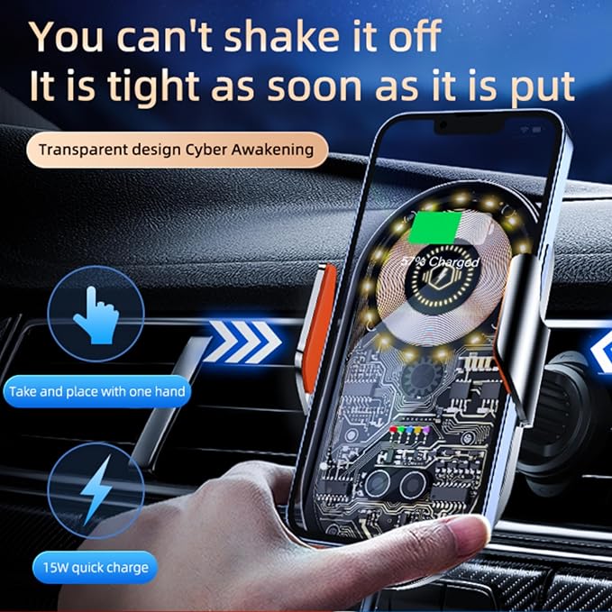 Car Phone Holder, Wireless Car Charger Air Vent Auto-Clamp Cell Phone Car Mount with Metal Hook Clip, 360° Rotation - One Button Release for iPhone, Samsung, Google, and All Other Smartphones