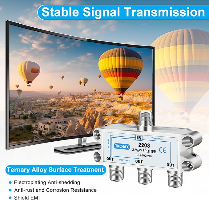 3 Way Coaxial Cable Splitter,Support 10-2602MHz, RG6 Compatible, Nickel-Plated for Cable Splitter,Work with CATV, Satellite TV,Antenna System and MoCA Configurations