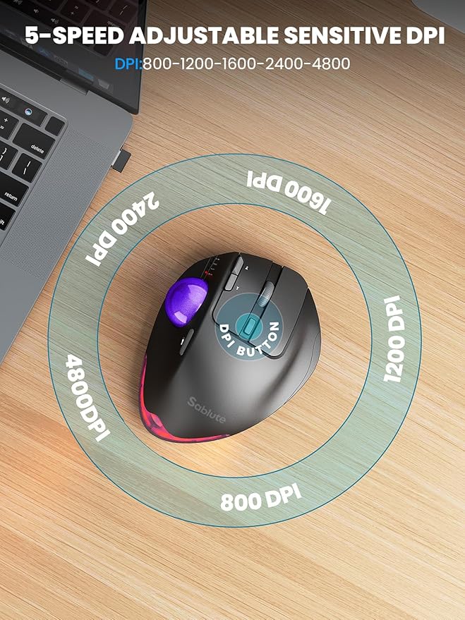 Wireless Trackball Mouse, Ergonomic Bluetooth Rechargeable Computer Mouse, Backlit Rollerball Thumb Laptop mice with 5 Level DPI, Adjustable Angle, 3 Devices Connection for PC, Windows - Purple Ball