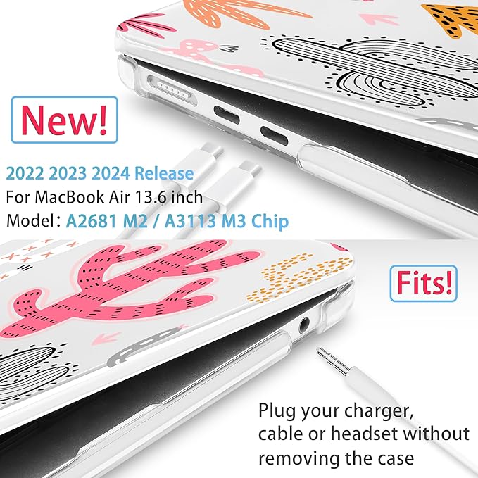 Mektron for 2025 M4 MacBook Air 13.6 Inch A3240 Case Fits 2023 A2681 M2 2024 A3113 M3 Chip with Liquid Retina Display Touch ID, Printed Plastic Hard Shell Cover for MacBook Air 13.6", Colorful Cacti