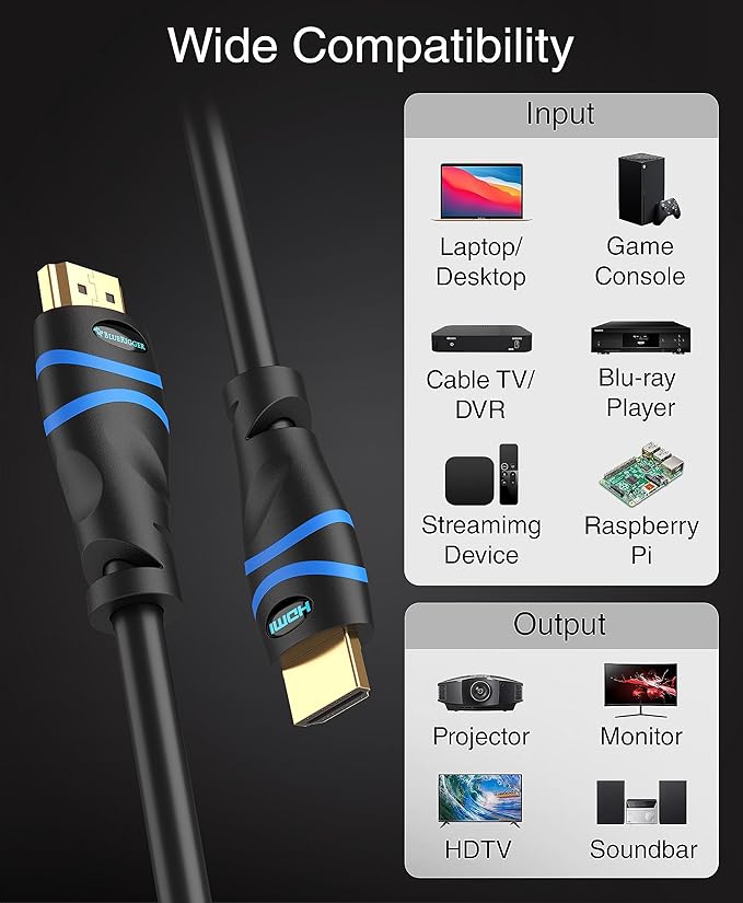 BlueRigger 8K HDMI Cable (6FT - 2 Pack, 8K 60Hz HDR, 4K 120Hz, High Speed 48Gbps with Ethernet, eARC, 3D, HDCP 2.3) - Compatible with PS5, Xbox, Roku, Apple TV, Switch, PC