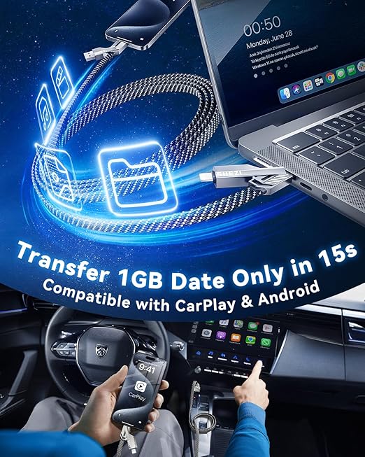 [One is Enough] 4-in-1 Compatible with USB C to Lightning Cable, 65W High-Speed Charging & Fast Data Transfer,CarPlay & Android Auto Support Multi Charger Cord Combo for iPhone/Samsung/iPad,5FT
