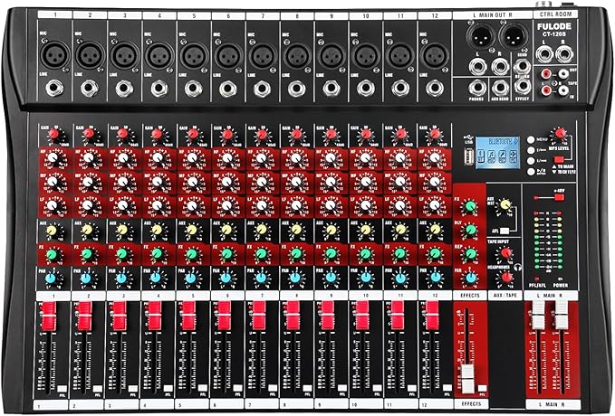 12 Channel Audio Mixer, Professional Music Mixer Board DJ Mixing Console with Bluetooth, USB/MP3 Player, Reverb, and 48V Phantom Power for Studio Recording, Karaoke, and Live Performances