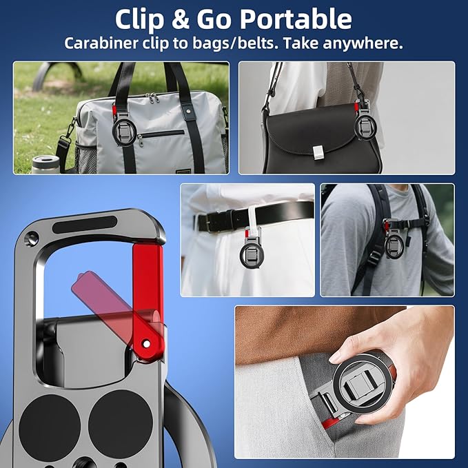 Magnetic Phone Mount for MagSafe, Maglock Tripod Adapter Magnet Golf Gym Workout Stand Metal Carabiner Holder with 1/4 Screw Hole, for iPhone 16 15 14 13 12 Series Foldable Portable Accessories