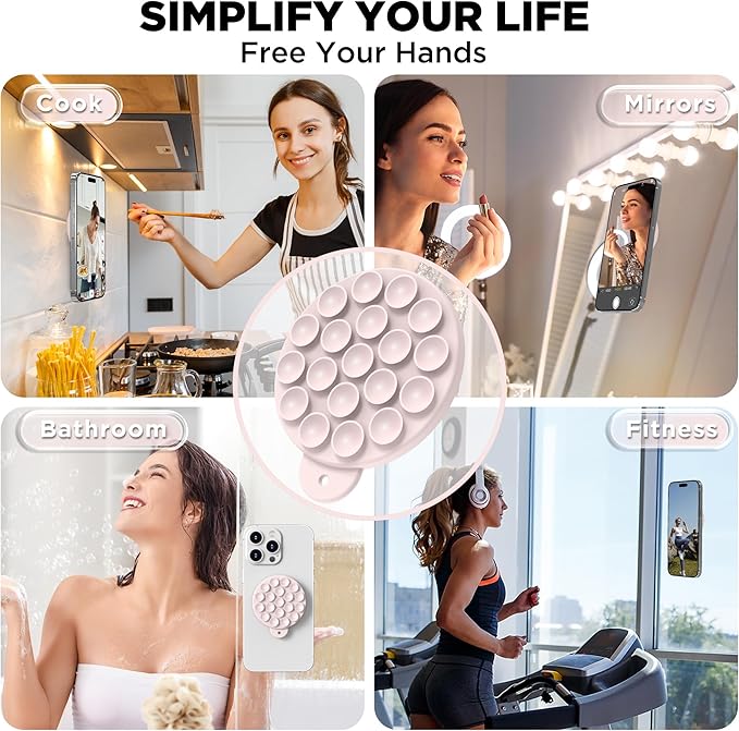 Magnetic Suction Cup Mount for MagSafe Case, Silicone Hands-Free Grip Holder for iPhone and Android, Mirror Shower Phone Stand for Makeup FaceTime Gym Kitchen Bathroom, Lovely Pink