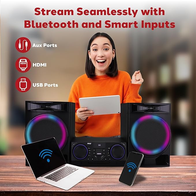 Pyle Mini Hi-Fi Bluetooth Stereo System – 3-Piece CD Player with Speakers, MP3, FM Radio, USB Recording, Subwoofer, DSP-Tech, Equalizer Settings, Compact Home Stereo System with Remote Control (Black)