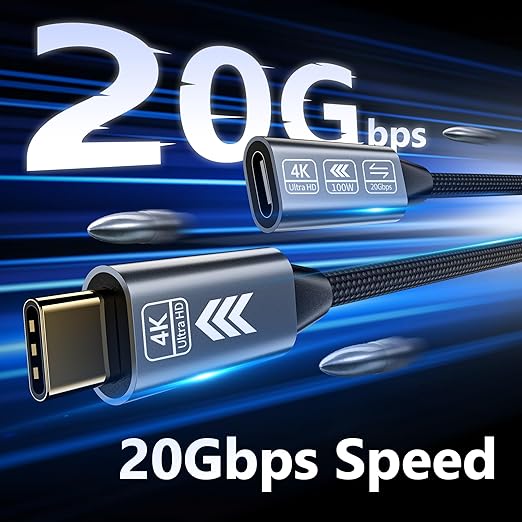 USB C Extension Cable 16.5FT, 20Gbps/100W USB3.2 Type C Extender Cord, 4K@60Hz Video Output Nylon Braided USB C Male to Female Extension Charging Cable Compatibility with Thunderbolt 4/3