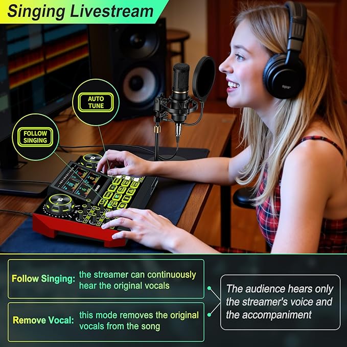 Audio Mixer, Sound Board for Pc/Phone Live Streaming Singing Gaming, Sound Mixer for 3.5/6.35mm Dynamic Microphone, Live Sound Card with DJ Mixer Effects & Voice Changer, Denoise, One Click Mute