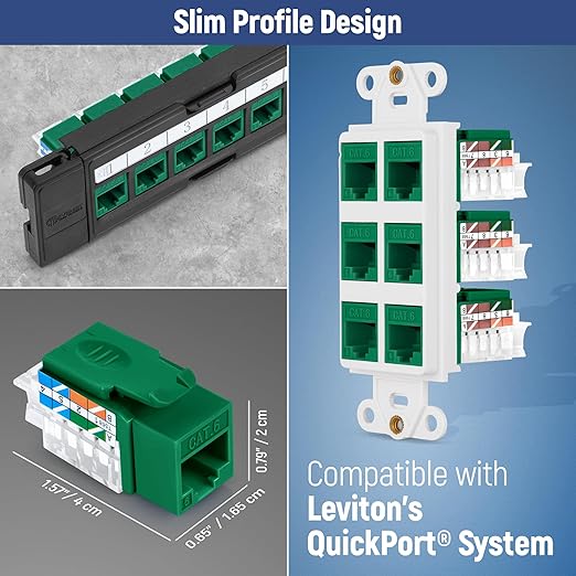 Everest 45° Angled RJ45 Cat6 Keystone Jacks 10-Pack in Green - Slim Profile Female RJ45 Connectors - Cat 6 Keystone Jack - Compatible with 45° Angled Speed Termination Tool - 45Term (B0BL3GS7ZY)