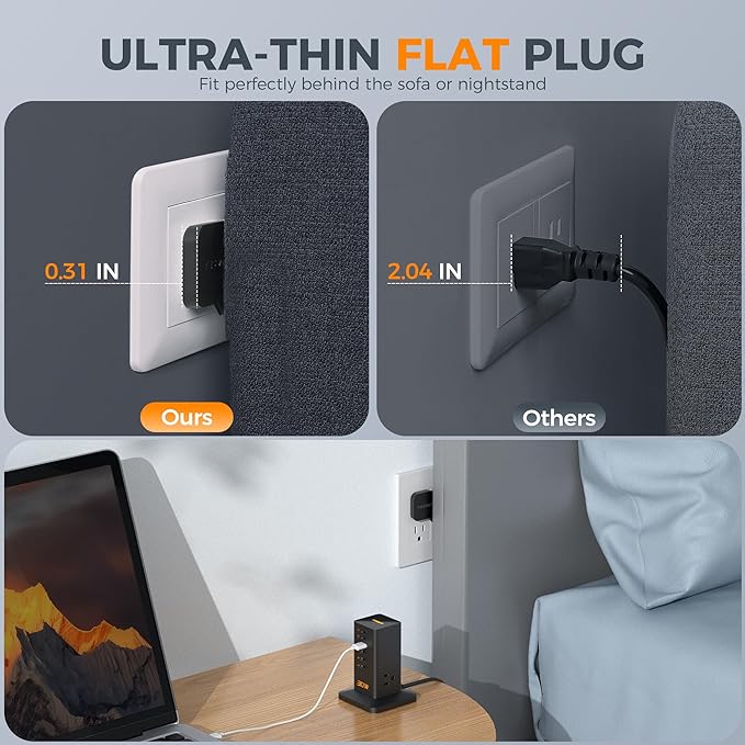 Charging Station 30W, TESSAN 9-in-1 Charger Blocks for iPhone 16/15/14/13, Tablets, Earphone with Surge Protector, 5ft Flat Extension Cord with 4 USB A, and 2 USB C for Home, Office, Drom, Black