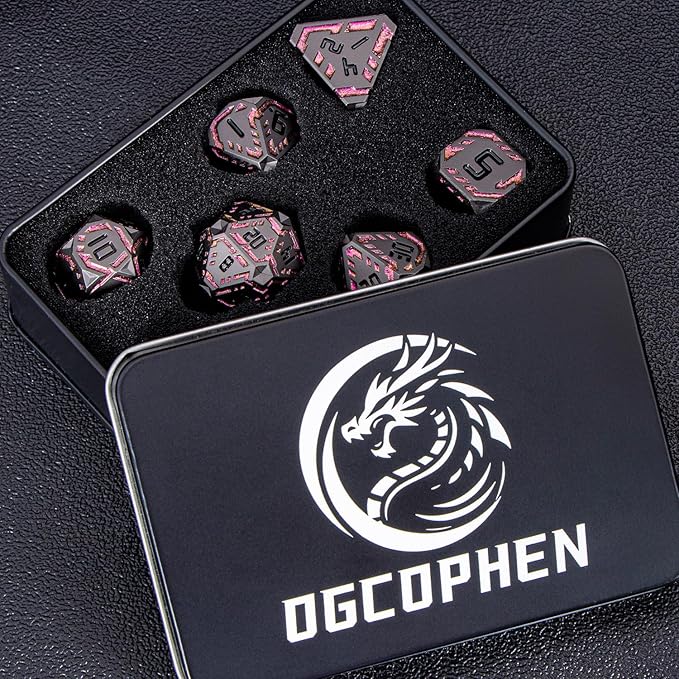 Metal DND Sci-fi Dice Set 7PCS Stripe Polyhedral Dice for Dungeons Dragons RPG Role Playing Game, Glitter D and D Dice with Gift Box D6 D8 D10 D12 D20 (Black&Purple Red)