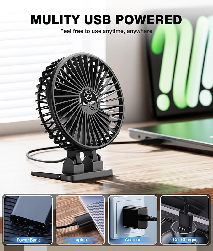 JZCreater USB Desk Fan, Mini Portable, 3 Speeds - Quiet Personal Cooling Fan for Home Desktop Office Travel Bedroom, Deep Black (2Pack)
