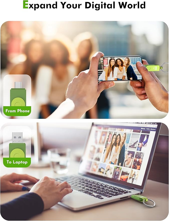 MOSDART 64GB USB3.1 Fast Speed C and A Dual Flash Drive, exFAT Memory Stick with Keychain and LED Indicator, for iPhone 15 and 16, Android Phone, iPad, MacBook, and Other Laptops, Green