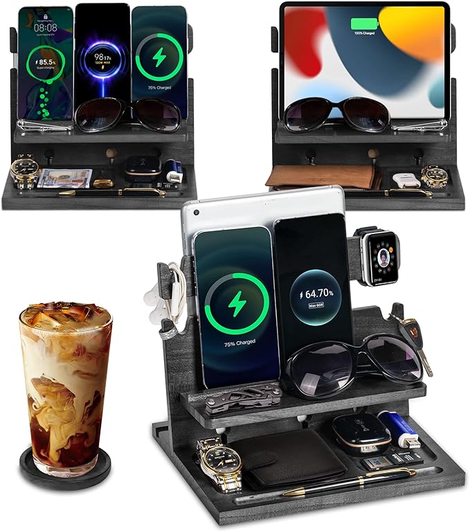 Black Wood Phone Docking Station for up to 3 Phones - Nightstand Organizer for Men & Women, Compatible with Apple Watch, Holds Phones, Tablets, Keys, Rings, Glasses, Watches, EDC & More